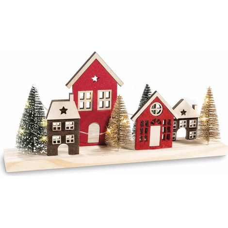 Paysage de Noël en bois avec maisonnettes, sapins et LED, à poser, lot de 3, 35 x 6 x H. 16,5 cm