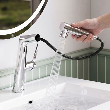 SONNI Verchromte Waschtischarmatur, Drei Wasserauslassmodi, Dualer Wasserflussmodus, Mit automatischer Rückziehfunktion durch Schwerkraft