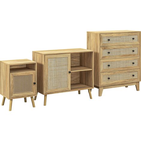 Conjunto para el hogar incluye 1 cómoda con 4 cajones 1 aparador de cocina y 2 mesitas de noche con puerta de ratán sintético estilo cannage natural