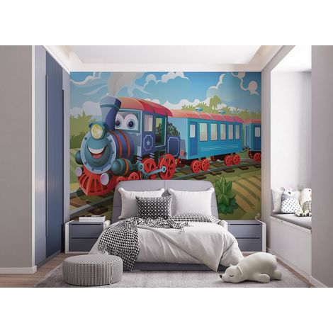 Papier peint Walltastic train bleu et rouge locomotive qui sourit 305x244 cm (1/3)