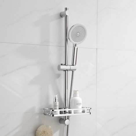 Barra de ducha Auralum Max de acero inoxidable con teleducha de 4 chorros, regulable 700 mm, soporte deslizante 360°, estante de almacenamiento incluido, cromado (1/5)