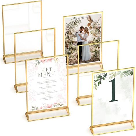 Cornice portafoto a doppia faccia in 3 pezzi in acrilico color oro, formato A6, portanumero da tavolo dorato, supporto trasparente per carte, portanumero da tavolo (1/5)