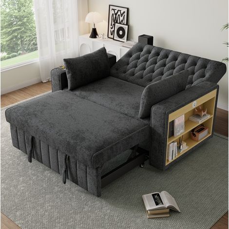 Canapé convertible 140x137x84 cm gris en chenille avec USB, rangement latéral et dossier réglable (1/5)