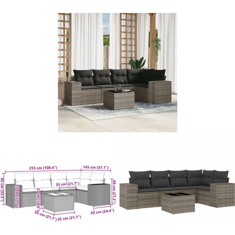 6-tlg. Garten-Sofagarnitur mit Kissen Grau Poly Rattan - Gartenmöbel Set - PE-Rattan Möbel - Outdoor Lounge - Esstisch Set - Balkonmöbel - Home & Living (1/3)