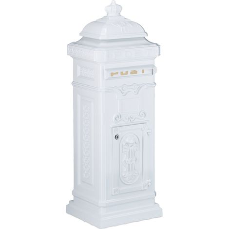 Relaxdays Freestanding Antique Mailbox, 101 x 34.5 x 31 cm, Nostalgic Post Box, Aluminium, British Design, White (1/5)