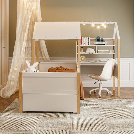 Cama casita infantil 90x200 cm de madera blanca, ahorra espacio, sin colchón FloraGrace (1/5)