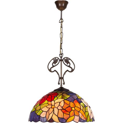 Lampe à suspension de plafond de plus grand diamètre 40 cm avec chaîne et ornement en fonte Série Tiffany Güell