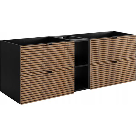 Rodan Waschbeckenunterschrank Loft 140 cm, Braun Matt und Schwarz, 46 x 140 x 57 cm, mit schwarzer Platte und Badregal, feuchtraumgeeignet