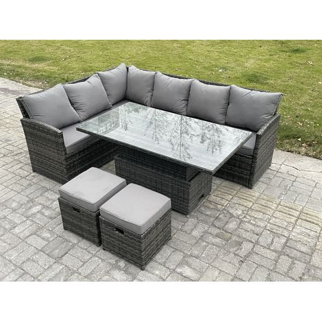 Fimous Wicker PE Outdoor Rattan Garden Furniture Set Height Adjustable Rising Lifting Table Sofa Dining Set with 2 Small Footstools Dark Grey Mixed
