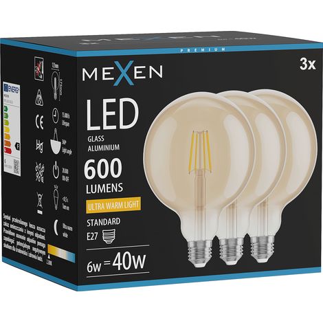 Mexen Vintis 3x Ampoule filament LED E27, G125, 6W, Chaude - 2200K, 600 lm, ambre - L158-E27-0622-50x03 (1/5)