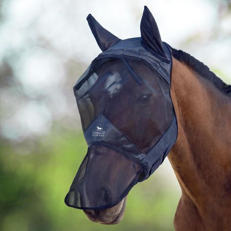 Masque anti-mouches intégral pour cheval Protège visage nez et oreilles Polaire en nylon rembourré Protection UV, Piano Black (1/2)
