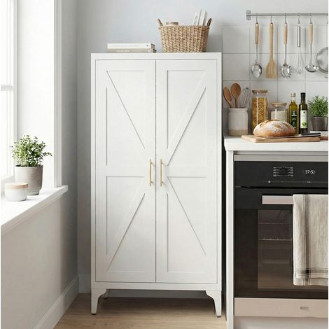 Aparador y mueble de almacenamiento con 2 puertas y 3 estantes regulables, metal, para cocina, salón u oficina - blanco (1/5)