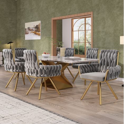Lot de 6 chaises de salle à manger en velours gris pivotantes à 360°, avec accoudoirs, dossier haut et structure acier, CHICFURN (1/5)