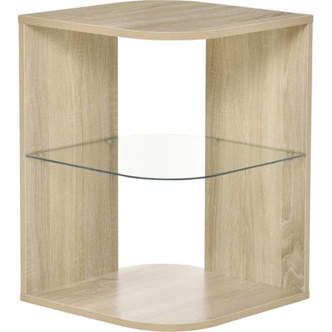 Table d'appoint moderne avec 3 étagères en verre pour salon et chambre 40x40x56 cm en bois naturel. (1/5)