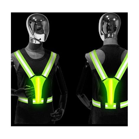 Gilet de sécurité lumineux rechargeable, jaune fluo, bandeau à fibre optique et bandes réfléchissantes (1/4)