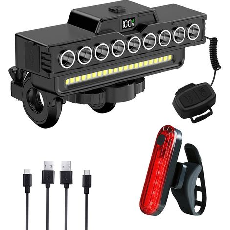 Faro delantero recargable e impermeable para bicicleta con bocina - 9 LED y 7 modos - Resistencia al agua IPX5 - Batería de larga duración con indicador de nivel de batería - 7 m (1/4)