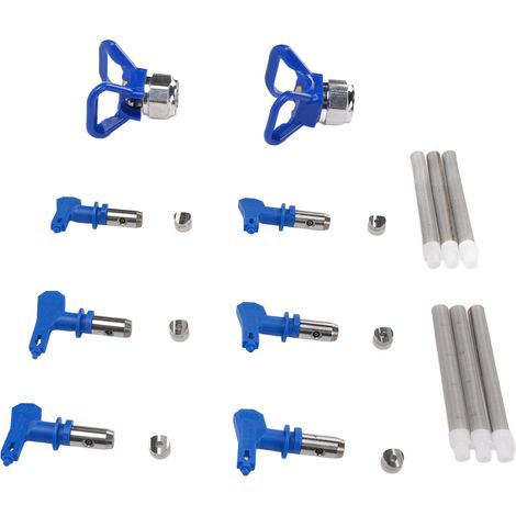 Lot de 6 buses de pulvérisation (références 211, 315, 417, 517, 515 et 523), 2 supports et 6 filtres pour pistolet à peinture sans air (bleu). (1/5)
