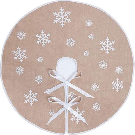 Jupe d'arbre de Noël Tapis Cache-Pied de Sapin de Noël en Toile de Jute avec Flocons de Neige Blancs Christmas Tree Skirt Décorations de Noël (Kaki, 75cm) (1/4)