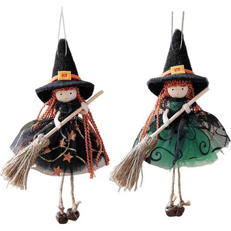 Effrayant sorcière avec balai, pour Halloween décoration de sapin,Noir et vert (1/5)