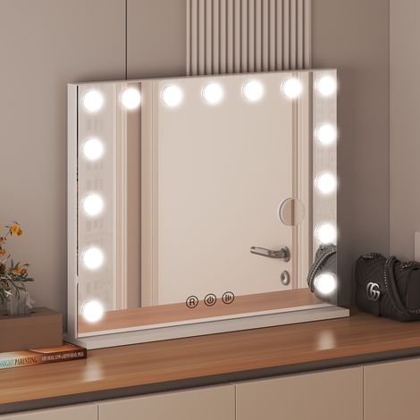 RATTANTREE Miroir de maquillage LED - 15 ampoules dimmables - 58 x46 cm - Écran tactile et grossissant 10x - 3 Couleurs Luminosité Ajustables - Port USB/Type C - Pour maquillage (1/5)