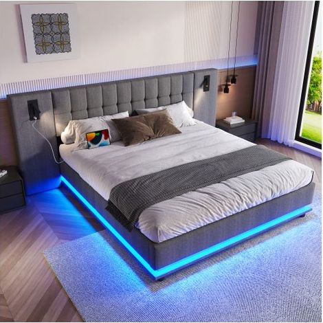 Lit Rembourré 180x200 cm avec LED Multicolore, en Lin Gris - Lit double - Tête de lit avec Spot de lecture et Ports USB, Moderne (1/5)