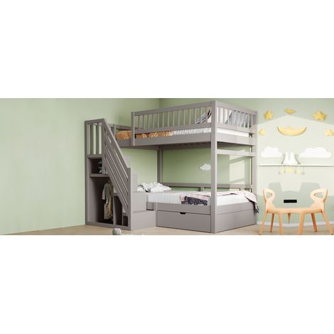Lit superposé en bois massif 90x200 cm, avec barrière de sécurité haute, sommier inclus, échelle de sécurité avec rangement, tiroirs de stockage, lit enfant ado, gris (1/5)