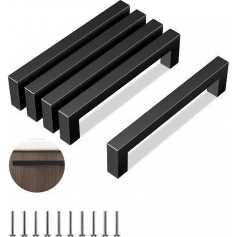 Lot de 5 Poignées Carrées Noires en Acier Inoxydable Entraxe 128mm, Idéales pour Cuisine, Tiroirs et Armoires (1/5)