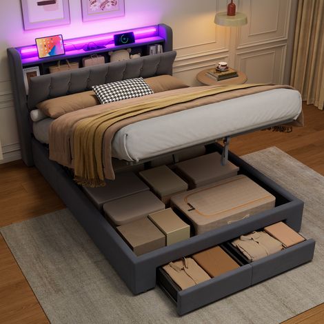 Cama tapizada 140 x 190 cm con espacio de almacenamiento y cajones para una fácil organización, puertos USB y luz ambiental (1/5)