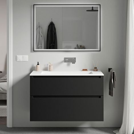 Unterschrank Bernstein VIREO 80cm mit Mineralguss Waschbecken BRUXELLES Badmöbel: Schwarz matt, Waschbecken: Weiß matt ohne Hahnloch