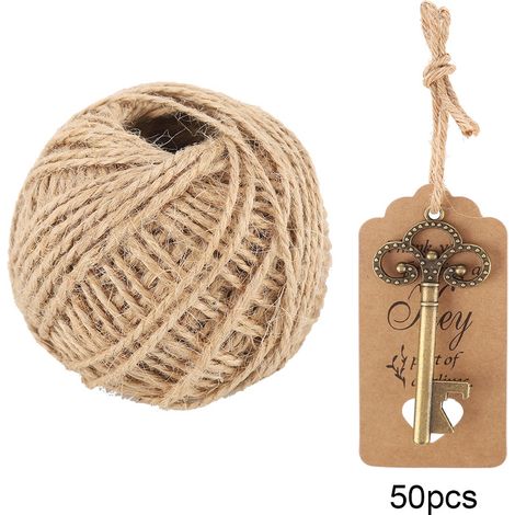 Porte-clés ouvre-bouteille en forme de clé avec carton et ficelle pour cadeaux invités mariage fête (50 pièces ficelle carton) (1/5)