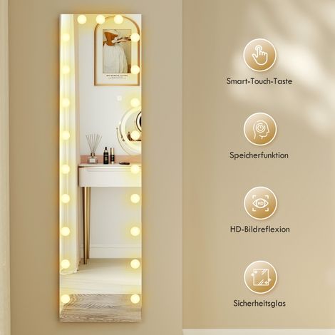 Miroir pleine longueur 150x40 cm, miroir sur pied avec LED RGB et 21 ampoules, 7 couleurs d'éclairage, interrupteur tactile, fonction mémoire. (1/5)