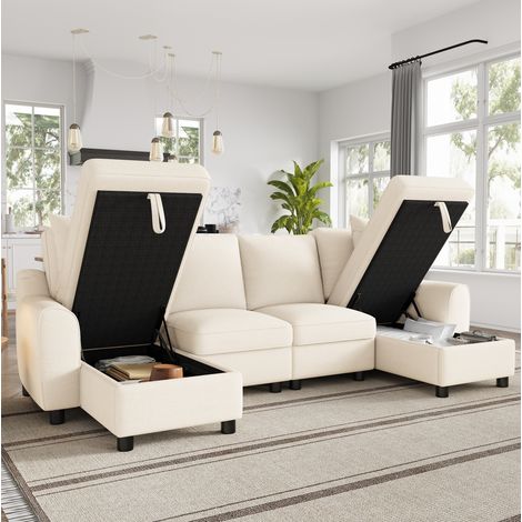 Divano angolare a U in ciniglia beige, 280 x 137 x 84 cm, con vani portaoggetti HAVRYA (1/5)