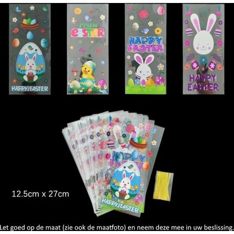 Lot de 5 sacs cadeaux - Motif œufs de Pâques et lapins - 12,5 x 27,5 cm - Pour bonbons et biscuits - Emballage (1/5)