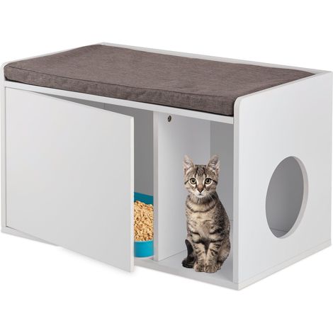 Relaxdays – Maisonnette pour chat 2 en 1 – Meuble litière et banc – Dimensions H 45,5 x L 75 x P 43 cm – MDF, polyester, mousse – Accès rond 20 cm