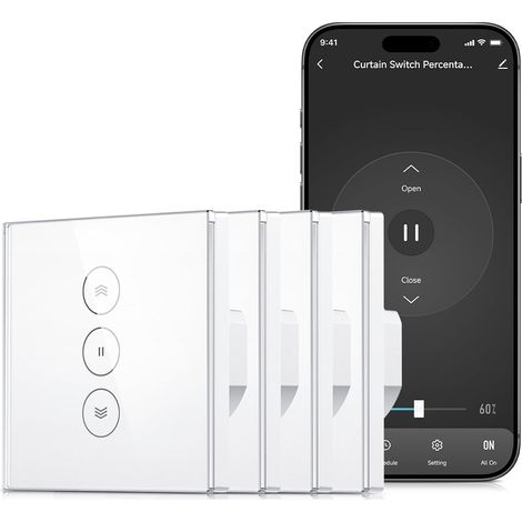 Interrupteur Intelligent de Rideau WiFi pour Volet Roulant Connecté, Commande de Pourcentage, Commutateur Temporisé Compatible avec et , Fil Neutre Requis, (1/5)