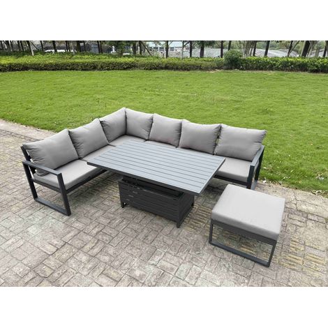 Fimous Aluminium Garden Furniture Sets,7 Seater Outdoor Conversational Dining Set with Adjustable Rising Lifting Dining Table Cushions for Yard,Poolside, Patio, Dark Grey (1/5)
