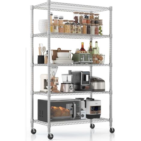 91x45x208 cm Étagère industrielle lourde à roulettes réglable en hauteur, Étagère de rangement à 5 niveaux, 1020 KG Capacité de charge, Rangement garage, entrepôt, cuisine multifonctionnel, argenté (1/5)