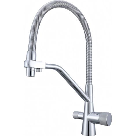 Robinet 3 Voies, Mitigeur De Cuisine Flexible, Robinet Cuisine Rabattable, Robinet D'Évier D'Eau Potable Réglable À 360° (Double Poignée), Corps En Laiton, Chrome, Argent (1/5)