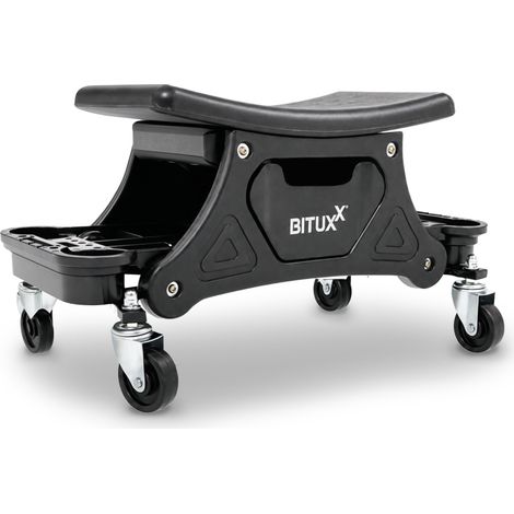 Bituxx Werkstatthocker mit Rollen Rollhocker 69x26x34 cm mit 4x 360° Rädern, 2x Bremse, 180 kg belastbar, Sitzhöhe 34 cm, Werkzeugablage & herausnehmbare Fächer Schwarz (1/5)