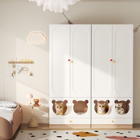 Armario infantil 160x50x200 cm blanco y natural en MDF con perchero, estantes y espacio para mascota (1/5)