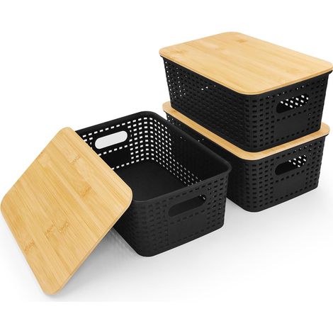 Boîtes de Rangement avec Couvercle 5L 3Pcs 23x15,7x10,5cm Noir Boite Plastique Couvercle en Bambou Bac de Rangement Tressé Paniers et Boîtes Rangement Empilables Pour Cuisine Salle de Bain (1/5)