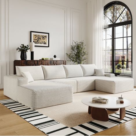 Divano modulare ad angolo, chaise longue a L, seduta in schiuma elastica, tessuto a coste bianco (1/5)