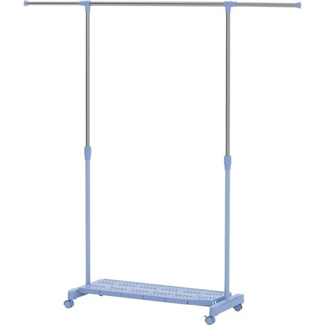 Étendoir à linge extensible sur roulettes, acier inoxydable, avec barre et étagère à chaussures, 159 x 42 x 168 cm, bleu et argent