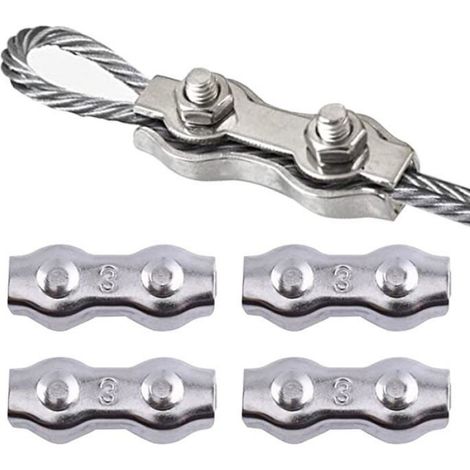 Serre Cable Acier, Serre Corde, Duplex Clips, M3 Double Serre-Câbles, M3 Serre-Câbles en Acier Inoxydable, 4 Pièces (1/4)