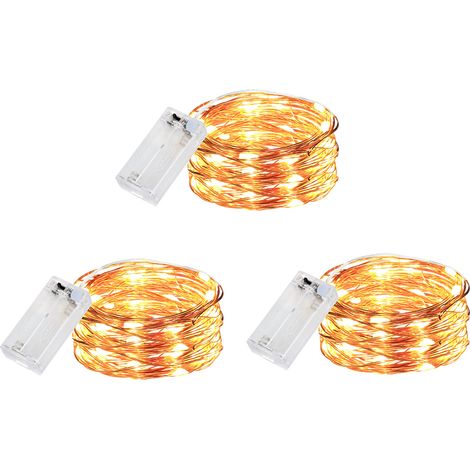 Set aus 3 batteriebetriebenen Lichterketten aus Kupferdraht mit Timer, 3 Meter lang mit 30 LEDs, warmweißes Licht. (1/5)