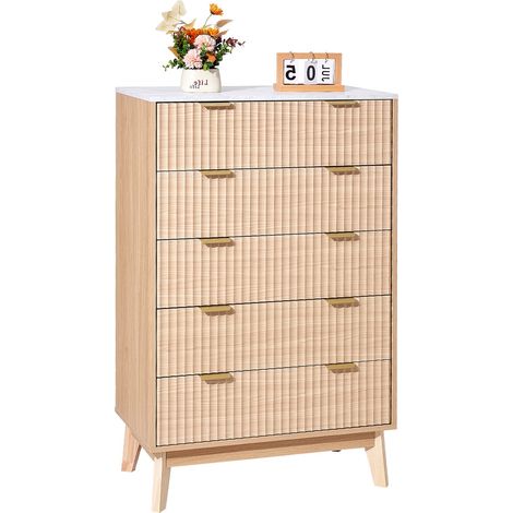 Commode à 5 tiroirs cannelés, meuble de rangement en bois avec système coulissant et anti-basculement, style minimaliste moderne, organisateur pour salon, couloir, chambre, entrée, bois clair (1/5)