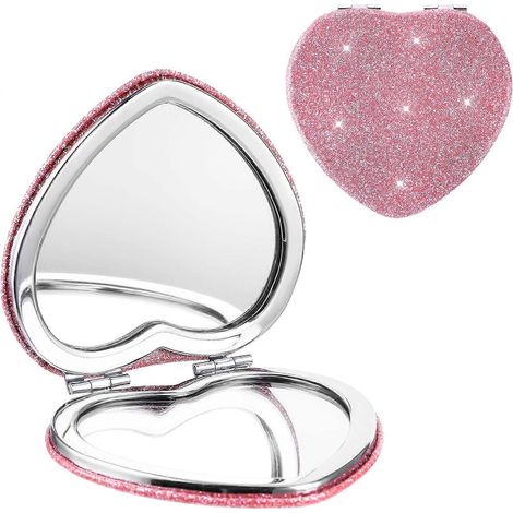 Miroir de poche compact en forme de cœur, miroir double face portable avec grossissement 1x/2x, mini miroir de poche mignon pour sac à main ou portefeuille.