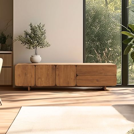 SIXTINE - Buffet 3 portes 2 tiroirs 200x48cm en bois de teck recyclé (1/5)