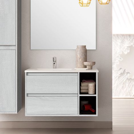 Meuble sous vasque seul, 2 tiroirs et 2 niches, 80cm, pour vasque déportée à gauche - hibernian (bois blanchi) - OLYMPE