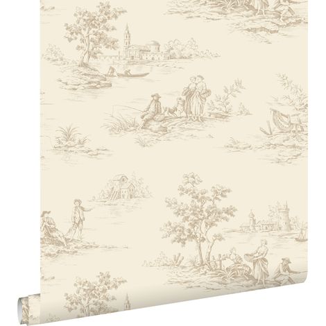 Papier peint toile de jouy beige clair – Motif vintage – Dimensions 53 cm x 10.05 m – Raccord sauté – Pose facile sans table à tapisser – Estahome (1/5)